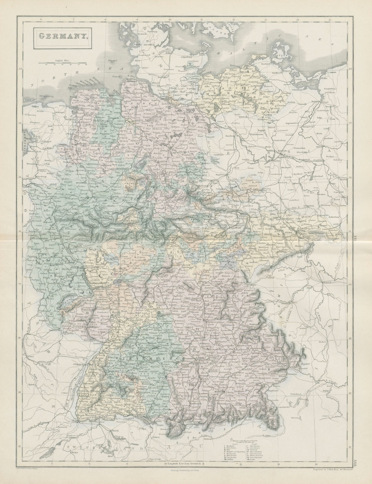 Germany showing states, by SIDNEY HALL 1856 old antique vintage map plan chart